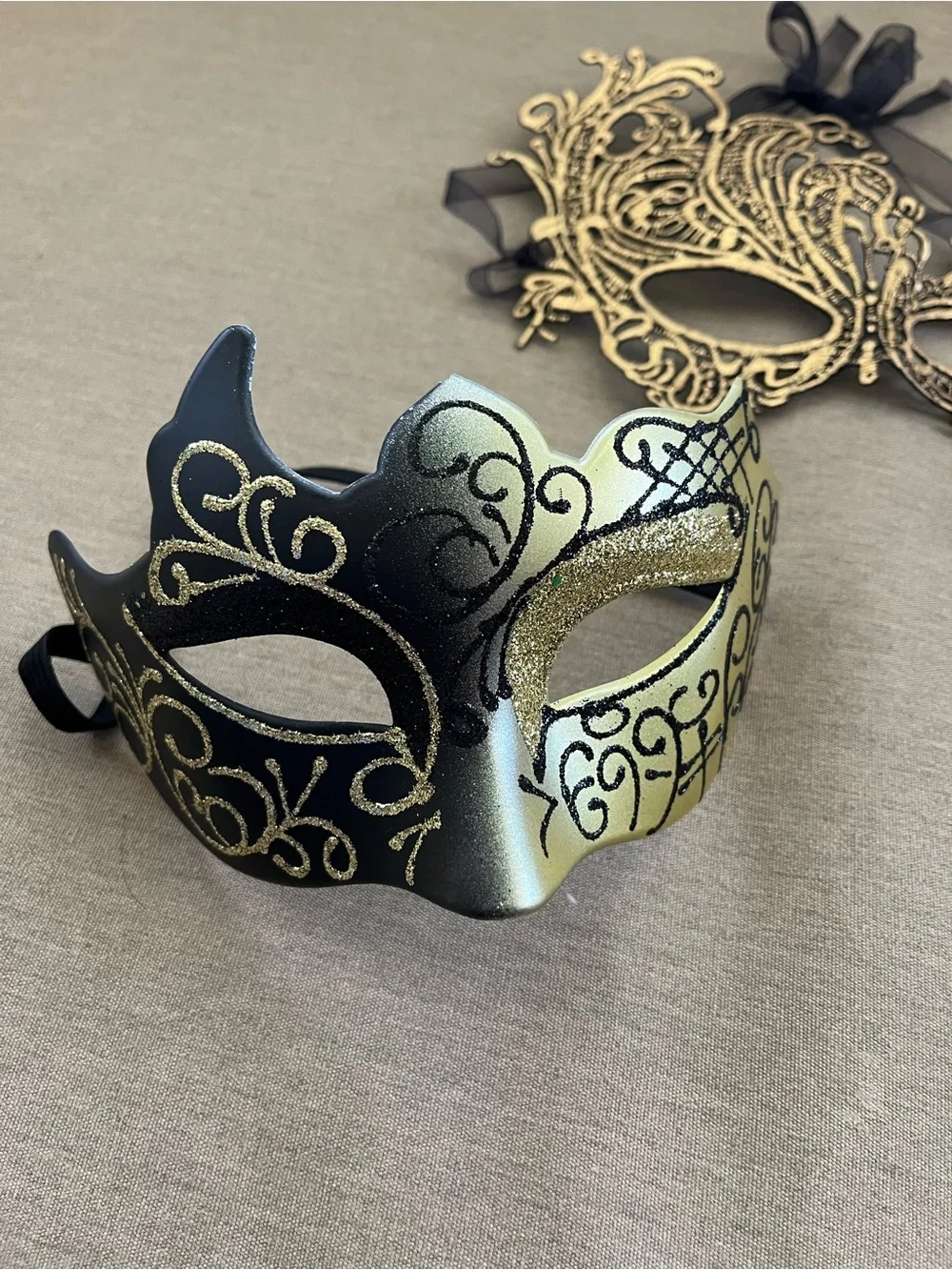 Gold & Black Venetian Lace Face Mask - Elegant Women's Costume Mask—Set of 2
